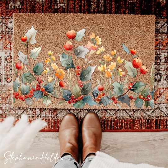 Discover Holly Floral Christmas Doormat, Poinsettia Welcome Mat, Holiday Front Door Decor