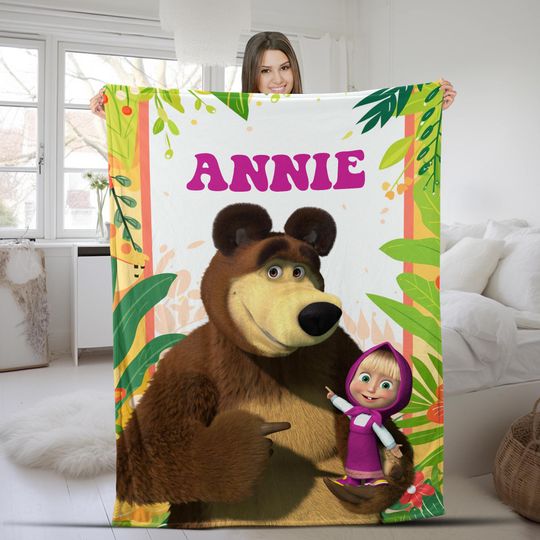 Discover Custom Name Marsha And Bear Blanket, Marsha Bear Cartoon Velvet Blanket, Sofa Blanket, Cute Cartoon Blanket, Movie Character Bedding KCP406