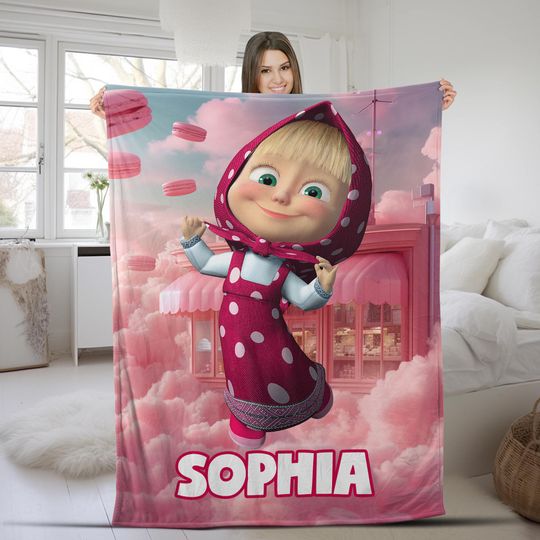 Discover Custom Name Marsha And Bear Blanket, Marsha Bear Cartoon Velvet Blanket, Sofa Blanket, Cute Cartoon Blanket, Movie Character Bedding KCP407