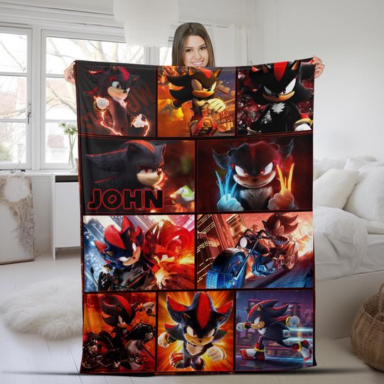 Custom Shadow The Hedgehog Blanket, Personalized Cartoon Hedgehog Minky Sherpa Blanket