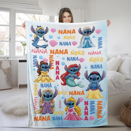 Discover Personalized Watercolor Disney Stitch Princess Blanket/Custom Name Girl Blanket/Disney Princess Birthday Girl, Custom Stitch Blanket OHVC14