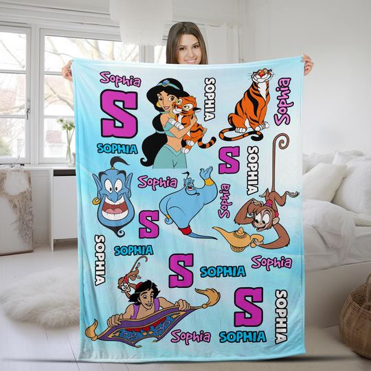 Discover Personalized Watercolor Disney Aladdin Blanket, Custom Name Disney Princess Jasmine Birthday Gift, WDW Disneyland Aladdin Genie Jafar SKZD42