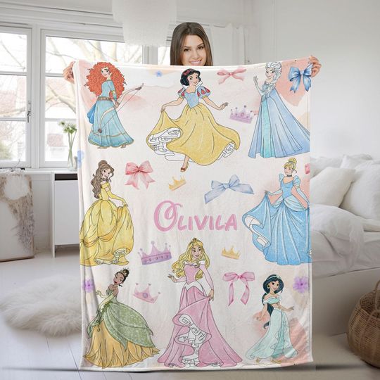 Discover Personalized Disney Princess Watercolor Blanket/Disneyland Princess Blanket/Coquette Bows Blanket/Custom Disney Princess Blanket OGYY14
