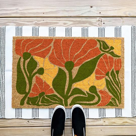 Discover Retro Poppy Doormat, Boho Modern Gift for Home, Modern Botanical vintage Floral Welcome Mat, Porch Decor Gift, Mid-Century Porch Decor