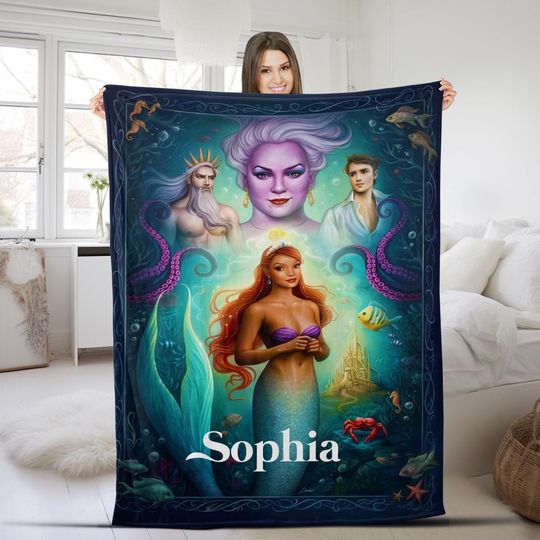 Discover Personalized The Little Mermaid Blanket, Black Mermaid Princess Flounder Sebastian Blanket, Birthday Gift Afro Mermaid Blanket SKXO37