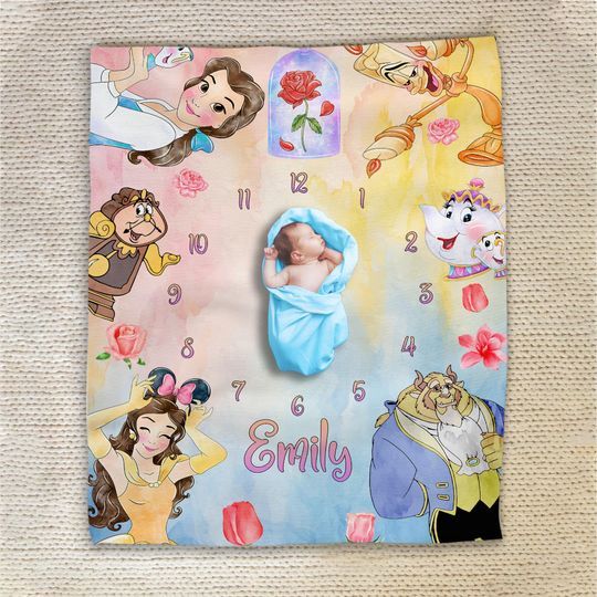 Discover Personalized Beauty and the Beast Milestone Blanket/Disney Princess Belle Blanket/Beauty and the Beast Watercolor Princess Blanket OGYP26
