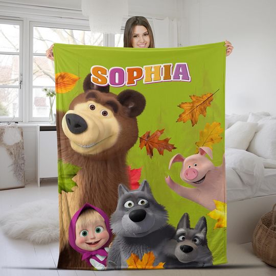 Discover Custom Name Marsha And Bear Blanket, Marsha Bear Cartoon Velvet Blanket, Sofa Blanket, Movie Character Bedding AXHT18
