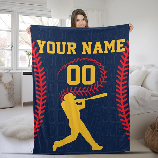 Discover Baseball Pattern Stripe Custom Name Blanket, Personalized Sports Blanket Throw with Name and Number, Gift for Son, Daughter AXHT10
