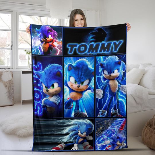 Custom Name Kids Sonic The Hedgehog Blanket, Personalized Cartoon Hedgehog Blanket