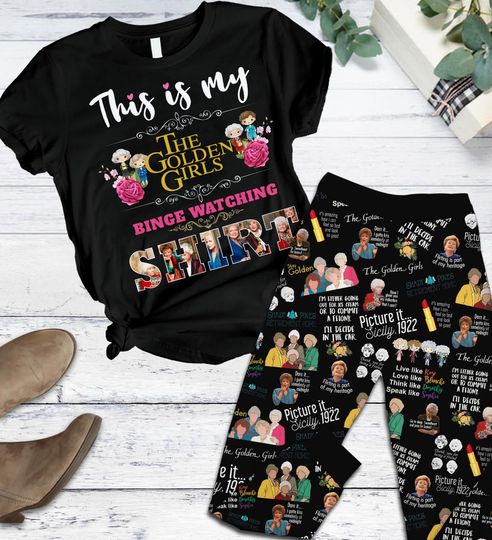 Discover Stay Golden Binge-Watching Pajamas Set, 2-Piece Graphic Tee & Printed Pants, Stay Golden PJS, Black Fan Loungewear, Cozy TV Marathon