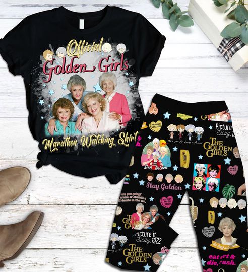 Discover Stay Golden Marathon Watching Pajama Set, 2-Piece Black Graphic Tee & All Over Print Pants, Cozy Loungewear TV Fan Gift Women