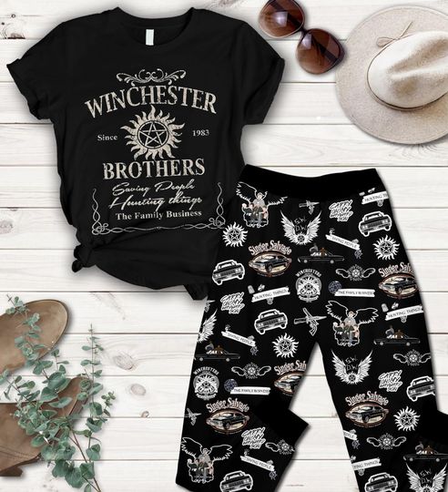 Supernatural Pajama Set for Women, Winchester Brothers Black Shirt with Symbol Pants, Cozy TV Show Sleepwear Outfit