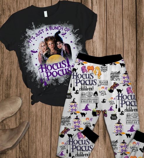 Hocus Pocus Sanderson Sisters Lounge Set, Black Graphic Tee & White Printed Joggers, Soft Poly Blend, Cozy Spooky Season Sleepwear