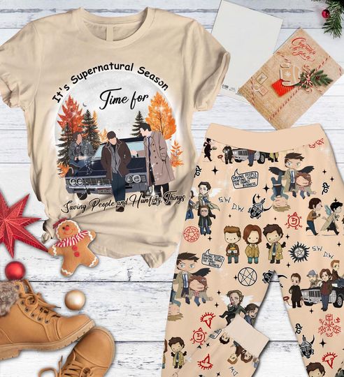Supernatural Pajama Set for Women, Beige Fall Season Shirt with Chibi Winchester Pants, Cozy Holiday TV Show Sleepwear