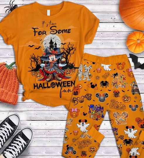 Discover Halloween Pajama Set for Women, Orange Minnie Witch Shirt with Pumpkin Ghost Pants, Spooky Cute Fall Sleepwear Outfit