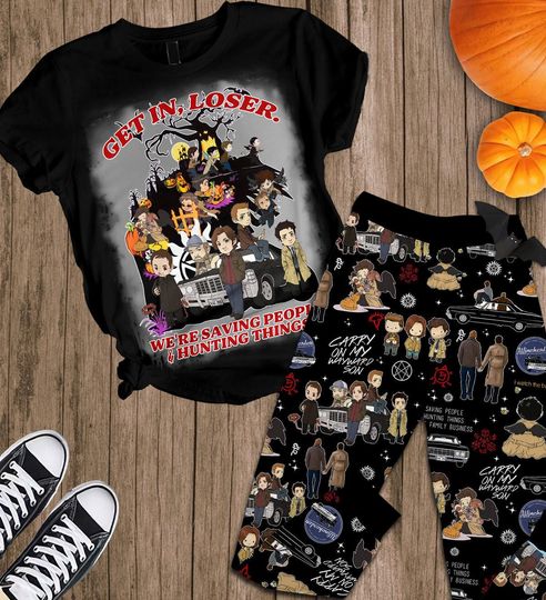 Supernatural Pajama Set for Women, Black Chibi Winchester Shirt with Funny Cartoon Pants, Cozy Fall TV Show Sleepwear