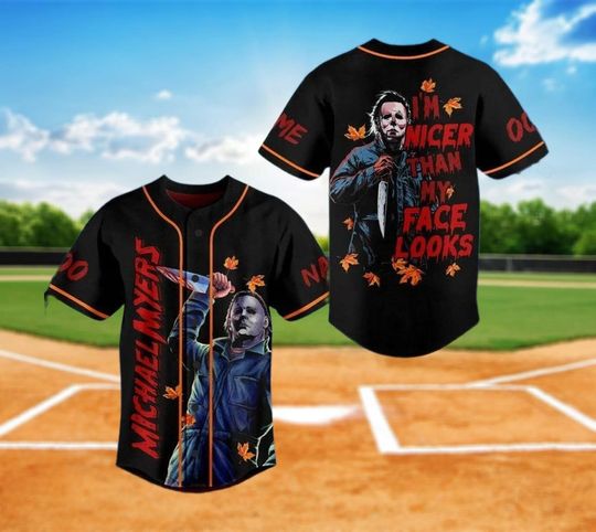 Discover Custom Horror Halloween Baseball Jersey, Personalized Name Spooky Jersey, Horror Movie Graphic Jersey Shirt, Creepy Outfit