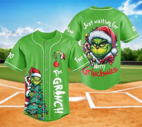 Discover Custom Green Christmas Baseball Jersey, Waiting For Merry Grnchmas Baseball Jersey, Holiday Themed Costume Shirt