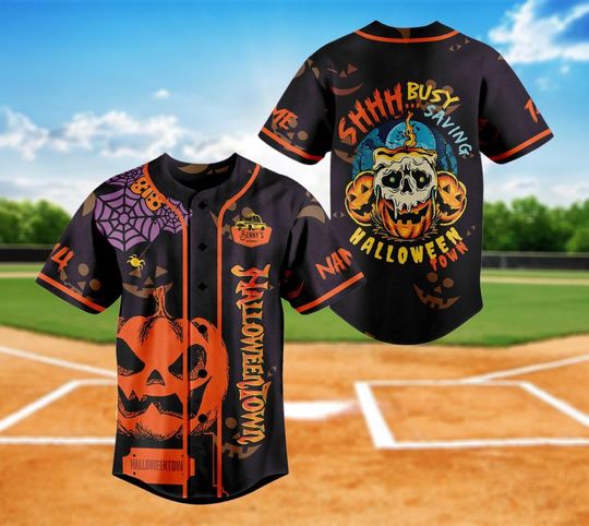 Custom Halloweentown Baseball Jersey with Ghost Pumpkin Design, Spooky Season Halloween Party Outfit