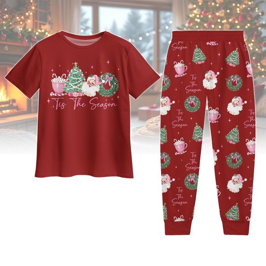 Pink Santa Christmas Pajamas, Tis The Season Pajamas Pants, Festive Holiday Pajamas, Xmas Party Gift
