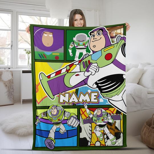 Discover Personalized Buzz Lightyear Blanket, Custom Name Animated Character Plush Fleece Blanket, Magic Kingdom, Sofa Blanket, Gift For Kid AXHO23
