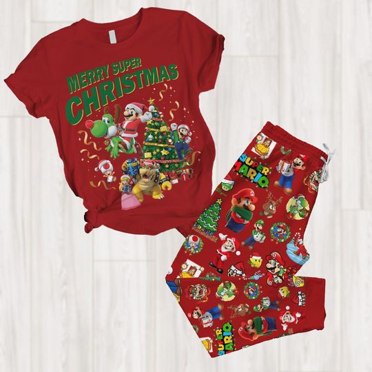 Super Mario Christmas Pajamas, Super Mario Santa Pajamas Set, Super Mario Yoshi Xmas Pajamas, Holiday Pajamas, Xmas Party Gift