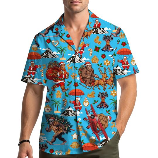 Discover Bigfoot Christmas Hawaiian Shirt, Santa Sasquatch Holiday Shirt, Xmas Party Beach Shirt for Men Women Youth