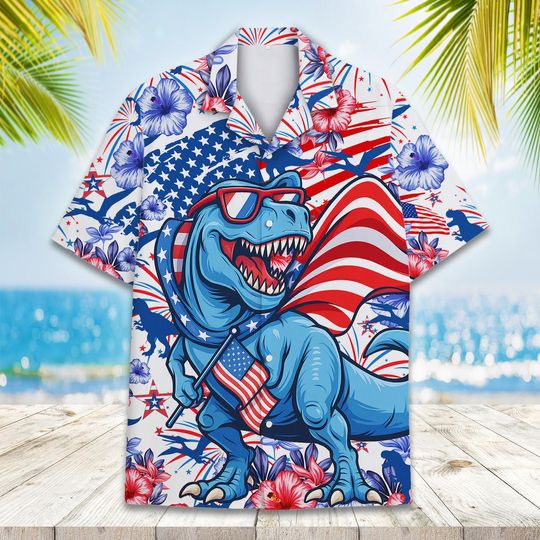 Discover Patriotic Dinosaur Hawaiian Shirt for Men and Women, 4th of July Sasquatch American Flag Short Sleeve