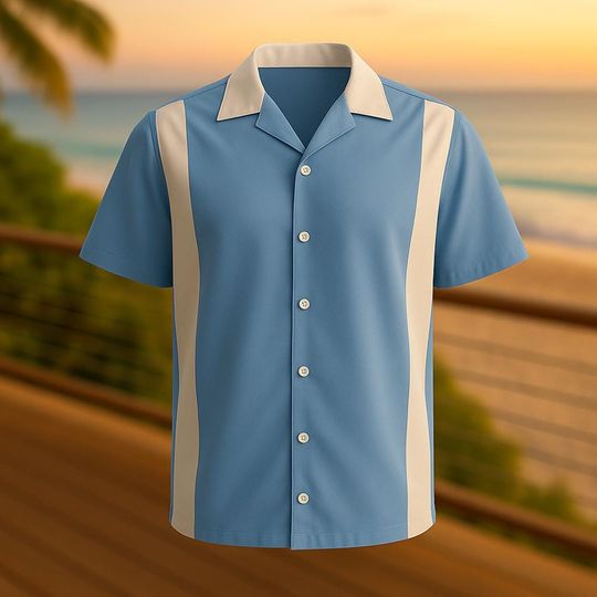 Charlie Harper Style Bowling Shirt | Retro Light Blue Oversized Fit