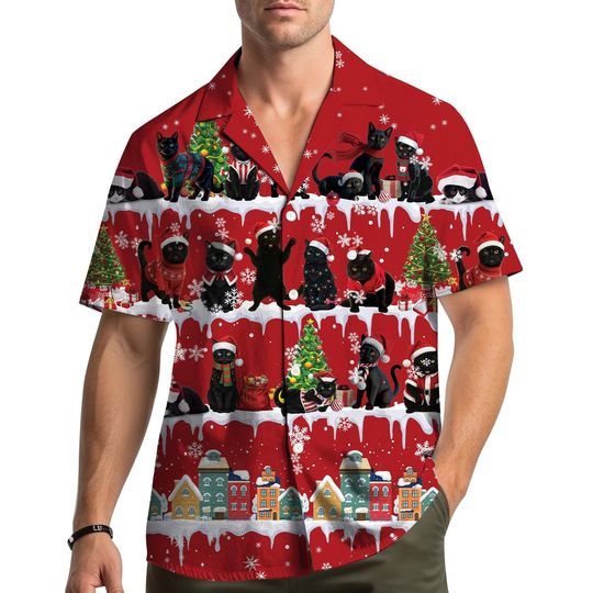Discover Christmas Cat Hawaiian Shirt, Funny Holiday Party Button Down Shirt, Cute Santa Cat Xmas Tree Gift Shirt for Men Women Youth