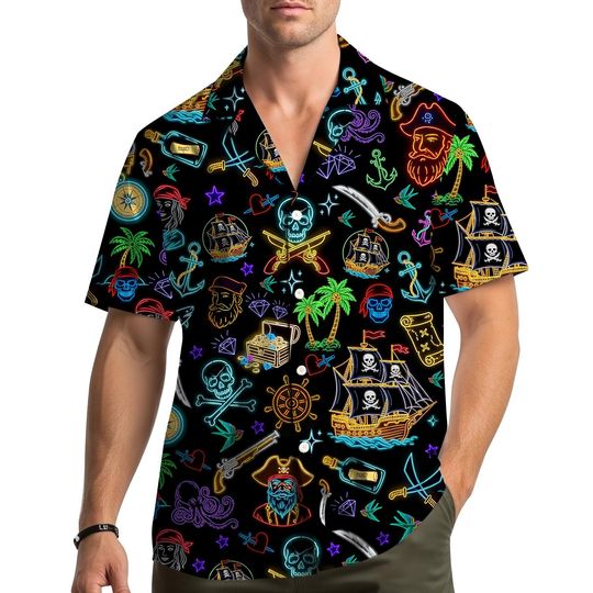Discover Pirate Neon Hawaiian Shirt Men Women Youth, Skull Anchor Ship Tropical Vacation Shirt, Funny Treasure Map Beach Party Button Down Shirt
