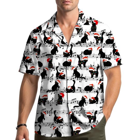 Discover Christmas Music Cat Hawaiian Shirt, Funny Holiday Party Button Down Shirt, Cute Santa Cat Lovers Gift Shirt for Men Women Youth