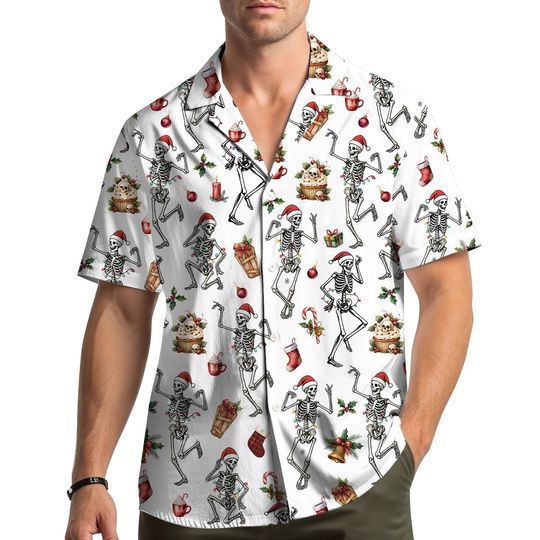Discover Funny Skeleton Christmas Hawaiian Shirt For Men Women, Santa Skeleton Holiday Party Shirt, Xmas Skeleton Dance Shirt, Christmas Gift