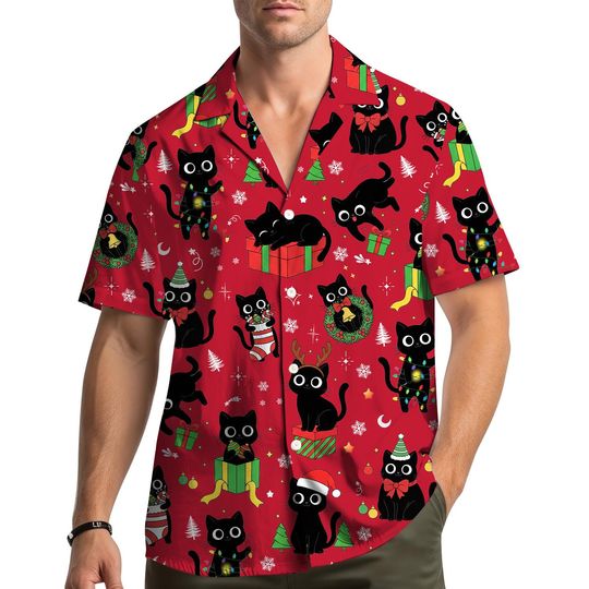 Discover Christmas Cat Hawaiian Shirt, Funny Holiday Party Button Down Shirt, Cute Santa Cat Xmas Tree Gift Shirt for Men Women Youth