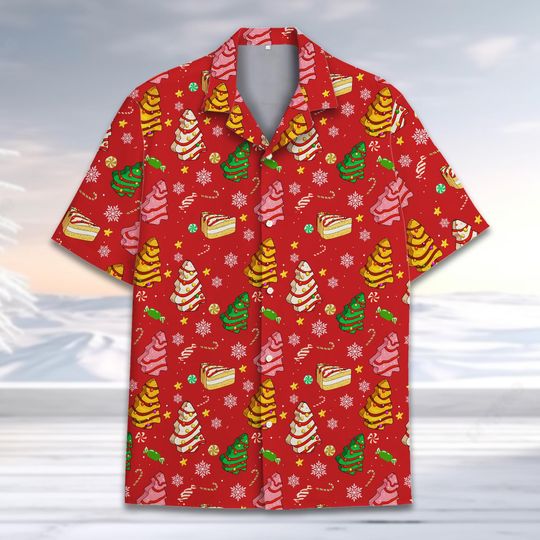 Discover Christmas Tree Cake Hawaiian Shirt, Funny Xmas Food Print Holiday Button Up, Red Festive Beach Shirt, Men Women Xmas Party Outfit