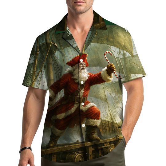 Santa Pirate Hawaiian Shirt for Men, Women & Youth, Christmas Candy Cane Captain Top for Holiday Parties