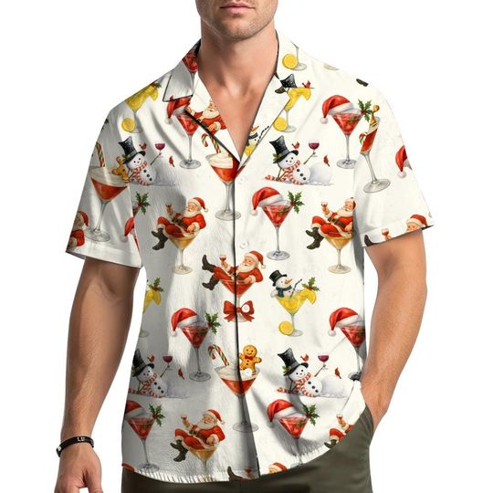 Santa Cocktail Hawaiian Shirt for Men and Women, Holiday Funny Button-Up, Festive Drinks Print, Xmas Party Outfit