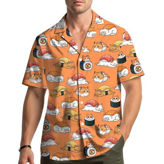 Cat Sushi Hawaiian Shirt for Men Women Youth, Kawaii Japanese Food Sushi Button-Down, Summer Aesthetic Top