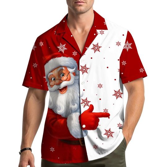 Discover Santa Claus Hawaiian Shirt, Funny Christmas Red White Snowflake Print Button Up Shirt, Holiday Party Shirt, Men Women Festive Beach Outfit