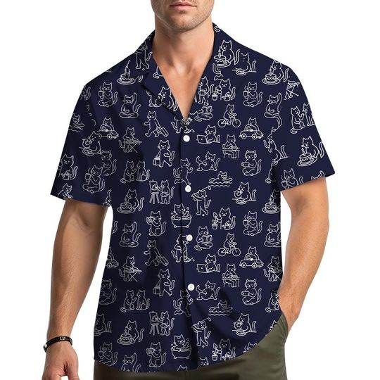 Discover Black Cat Pattern Hawaiian Shirt, Funny Cat Lover Gift, Casual Button Down Summer Shirt, Cute Kitty Print Top for Men and Women Youth