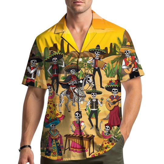 Discover Day of the Dead Skeleton Hawaiian Shirt Men Women Youth, Colorful Mexican Festival Shirt Button Down, Dia de los Muertos Fiesta Outfit