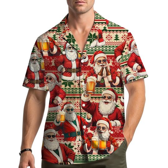 Discover Funny Santa Drinking Beer Hawaiian Shirt Men Women, Christmas Party Aloha Shirt Button Up, Santa Claus With Beer Print Shirt, Xmas Gift