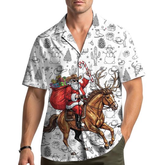 Cowboy Santa Christmas Hawaiian Shirt Men Women Youth Western Button Down Holiday Party
