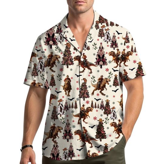 Christmas Cowboy Dinosaur Hawaiian Shirt for Men Women Youth, Holiday Party Shirt