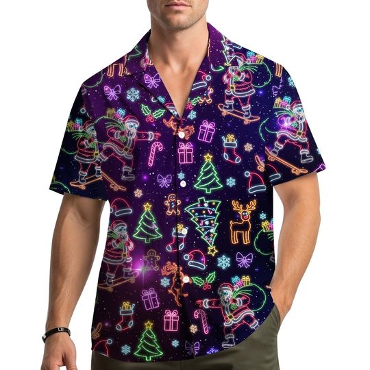 Discover Neon Christmas Hawaiian Shirt, Colorful Santa Claus Tree Lights Snowman Aloha Shirt