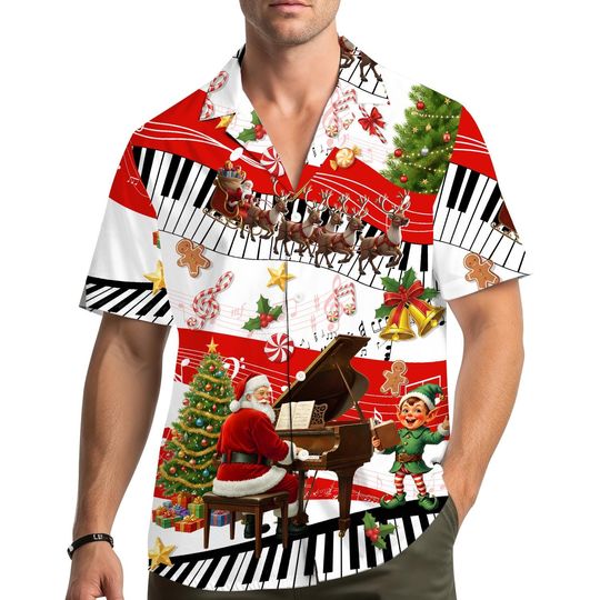 Discover Christmas Music Hawaiian Shirt for Men Women Youth, Festive Santa Piano Holiday