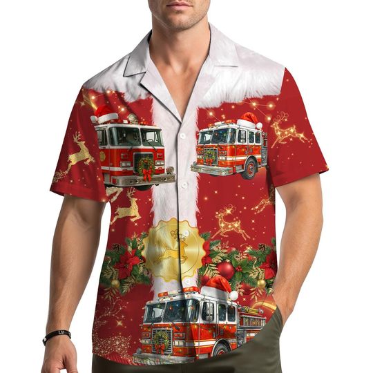 Discover Fire Truck Christmas Hawaiian Shirt Men Women Youth, Funny Fire Truck Santa Holiday Fireman