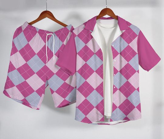 Discover Pink Argyle Hawaiian Shirt, Saja Boys Jinu Pattern Outfit, Kpop Demon Hunters Button Up Shirt, Cute Summer Short, Saja Costume Shirt Gift