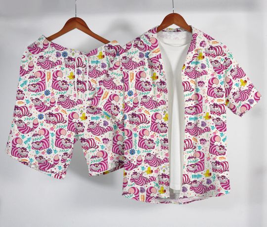 Cheshire Cat Hawaiian Shirt, Tropical Short Sleeve, Cute Pink Cat Vacation Outfit