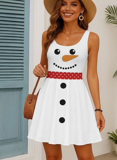 Snowman Christmas Dress for Women, Cute Holiday Sleeveless Outfit, Funny Winter Party Dress, Festive Xmas Dress, Christmas Gift for Her